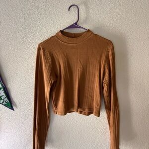 American Eagle Outfitters Ribbed Mock Neck Long-Sleeve Top — Caramel